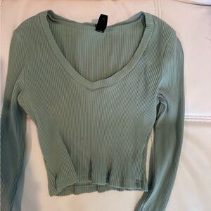SHEIN Ribbed V-Neck Long Sleeve Top - Sage